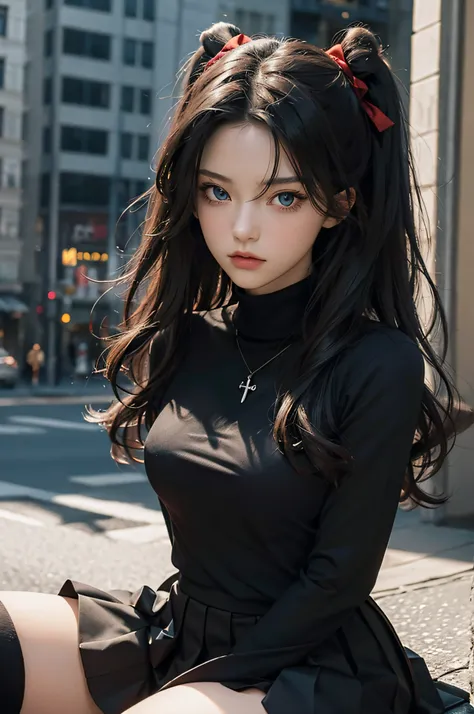 (masterpiece), best quality, expressive eyes, perfect face, 1girl, solo, rintohsaka, rin tohsaka, aqua eyes, black hair, hair ribbon, long hair, ribbon, sidelocks, two side up, black skirt, black thighhighs, long sleeves, miniskirt, pleated skirt, ((red sw...