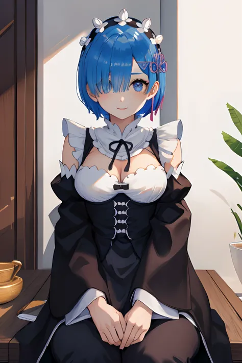 (master part, best quality;1.3), ultra detalhado, Olhando para o Viewer, castelo, deitado na cama,sorrir, 
Rem_re_zero, cabelos azuis, short hair, Domestic Employment Uniform, ornamento de cabelo, clivagem, Loan headdress, mangas destacadas, fita