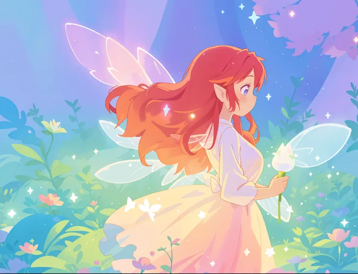 beautiful fairy girl in sparkling flowing dress, fairy dress, (huge sparkling white fairy wings), fairy queen, glowing flowing ballgown, long red hair, sparkling fairy wings, watercolor illustration, flowers and colorful plants, disney art style, glowing a...