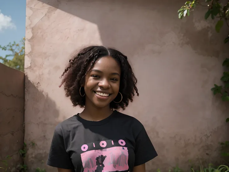 Jovem menina negra, sorrindo, olhar fixo, cabelos ondulados, camiseta rosa, paisagem ao fundo,  highes definition, melhor qualidade