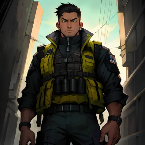 Lean muscular Anime guy wearing a Tactical Vest while looking down at me