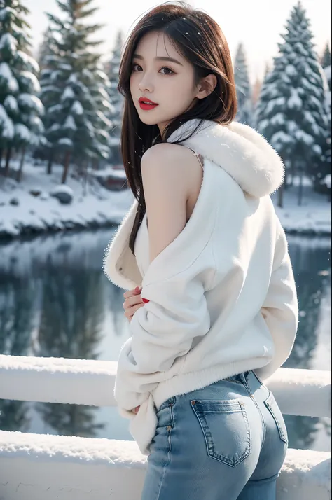 best quality, 4k, 8k, Detailed face, clear face, a pretty girl,Exquisite Makeup, Red lips,laugh, perfect body,shoulder-length straight bob hair,small head,small face,big watery eyes,small breasts,thigh,slim,thin, The girl wears a wide white mink fur coat, ...