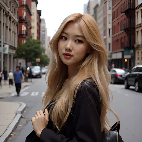 blonde woman with long hair standing on the side of the street, asian girl with long hair, linda mulher coreana jovem, uma menin...