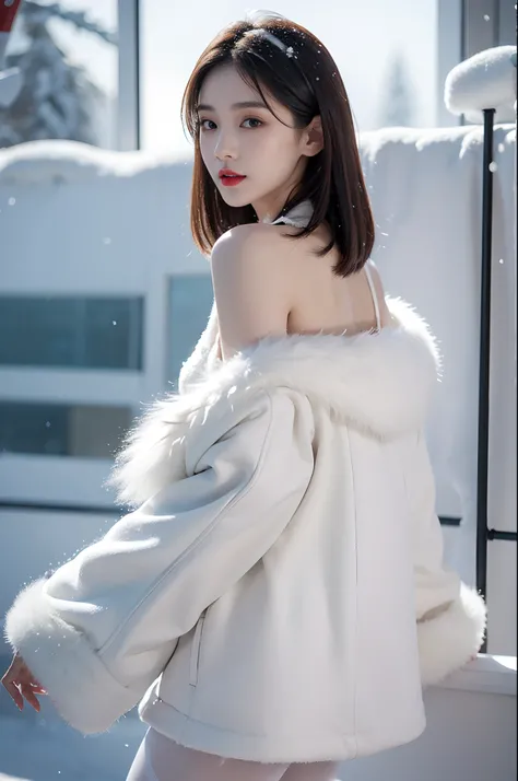 best quality, 4k, 8k, Detailed face, clear face, a pretty girl,Exquisite Makeup, Red lips,laugh, perfect body,shoulder-length straight bob hair,small head,small face,big watery eyes,small breasts,thigh,slim,thin, The girl wears a wide white mink fur coat, ...