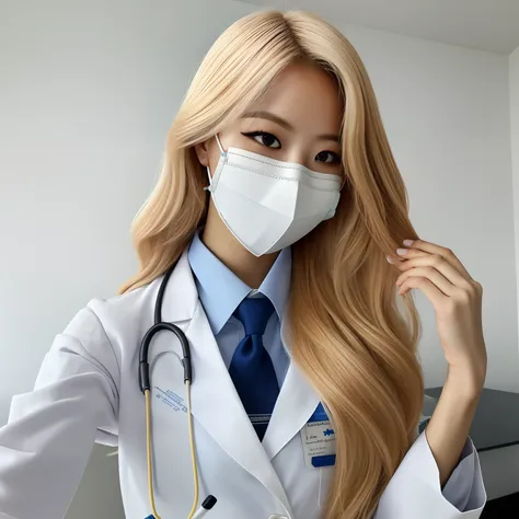 blonde female doctor wearing a white coat and a blue tie, medic, medic, (medic), vestindo jaleco e blusa, medical mask, masked d...