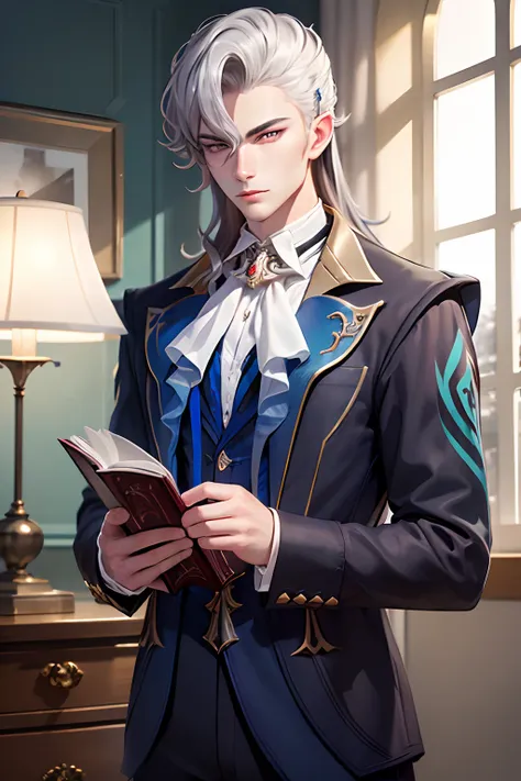 (best quality,studio lighting),(neuvillette:1.1),((25-years-old)),school uniform,gray hair,smart look,holding a book,glowing eyes,1 man,large torso