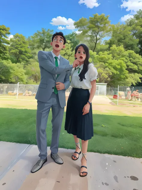 Casal jovens posando pra uma foto divertida, o menino aperta o rosto da menina. The boy is in gray suit and green tie. The girl is wearing white blouse and black skirt.