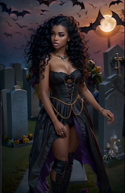 ((21-year-old))) black girl, (((light skin))), (((vampire))), (((New Orleans cemetary, early 20th century night time during mardi grad))), (((bats flying around))), dusk, (((close-up full body pose))),  (((long wavy black hair))), high heel boots, (((weari...