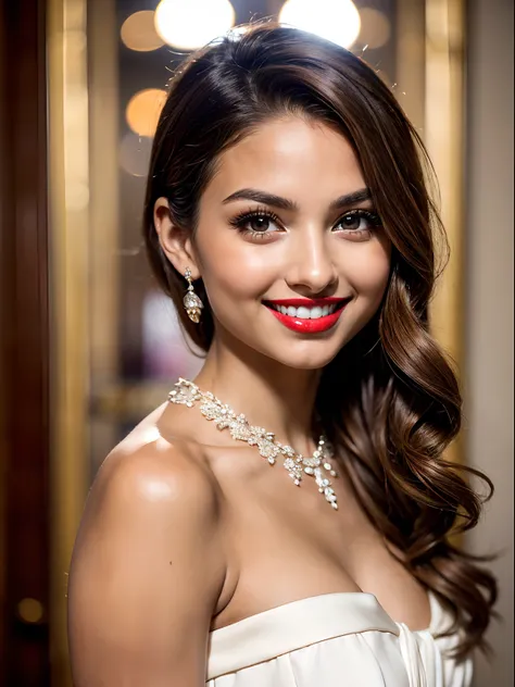 ((Masterpiece)), Most beautiful (young) woman, dream girl, petite, brown hair, ((flirting upturned brown eyes)), ((small)+red lips),most beautiful smile, (((small+thin) ((Beautiful)) (symmetric) nose)), wearing a beautiful strapless white dress