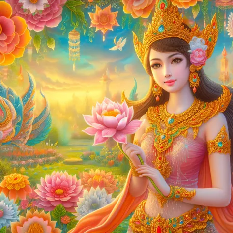 a painting of a woman holding a flower in her hand, gilded lotus princess, pink lotus queen, flower goddess, a beautiful fantasy empress, goddess of love and peace, thailand art, a goddess in a field of flowers, a beautiful artwork illustration, standing g...