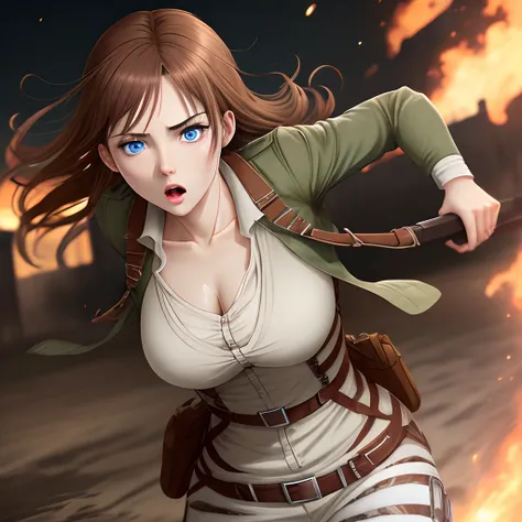 woman in attack on titan with porcelain skin blue eyes and brown hair