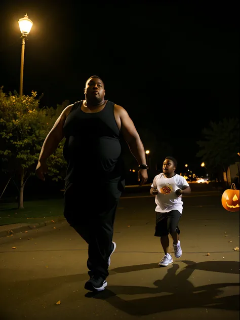 Big fat black man wearing a tank top chasing a little white kid on Halloween. It’s nighttime and the kid is holding a candy basket