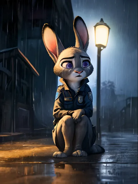 judy hopps, policie academy uniforme, crying face, Sad expression, seated on floor, raining, full body, realistic, perfect body, little body, best shadows, dark night lights, Zootopia scenary, raw hdr