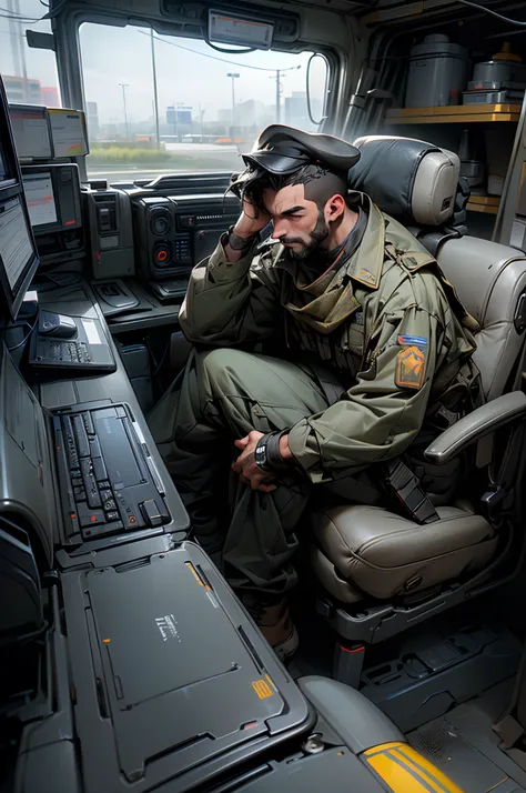 A hand carrying a military vehicle with a guy on the vehicle behind a computer