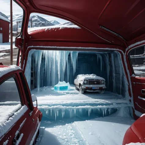 Huge block of ice, inside is frozen red car from 2000 year, in the frozen town landscape, hyperrealistic photo