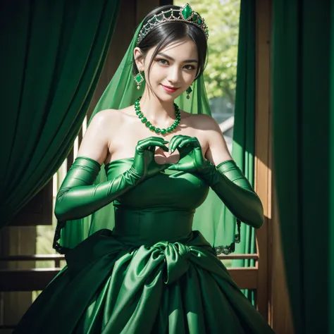 emerald tiara, Green Pearl Necklace, Boyish very short black hair, lipsticks, Japan woman smiling, very short short hair,  big breasts beautiful, Green eyes, Long green gloves made of satin material, Green eyes, Emerald Earrings, green vale, Heart with bot...