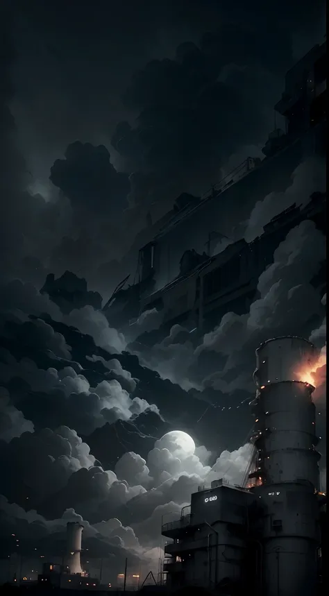 Industrial ruins of a nuclear power plant, Autumn Moonlit Night, There are bare trees around, Destroyed houses, Abandoned oil refinery, Black clouds in the sky, thunder-storm, Dark Fantasy Style, max detail, Palette: Black, Red, White, Grey