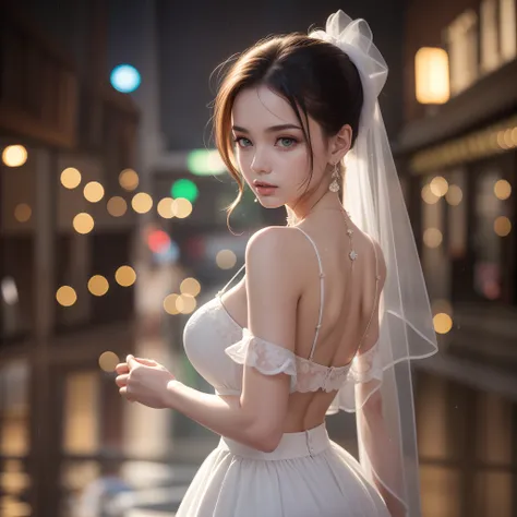 (Standing on a dark street), (street light), (modest lighting), (Night), Random posture, (Very delicate and beautiful work), (masterpiece), 1 girl, Girl in a white dress, Very detailed, Leaky waist, Ponytail distortion, Attractive look, Beautiful clear eye...