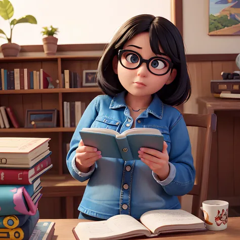 36-year-old young woman, 黑The eye, eye glass, Read books in a vibrant environment, realisticlying, Disney Pixar style, chubby, Wear a denim shirt and jeans,