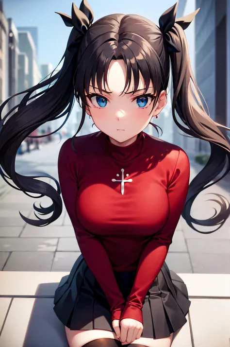 (masterpiece), best quality, expressive eyes, perfect face, 1girl, solo, rintohsaka, rin tohsaka, aqua eyes, black hair, hair ribbon, long hair, ribbon, sidelocks, two side up, black skirt, black thighhighs, long sleeves, miniskirt, pleated skirt, ((red sw...