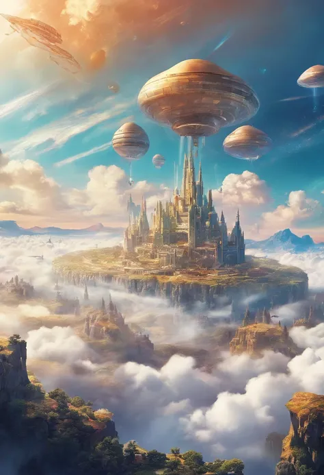 ((A vast world above the clouds:1.2)), (A large and magnificent castle in the center), A castle town in front of the castle, Airships flying around the castle, during daytime, The sky is clear,