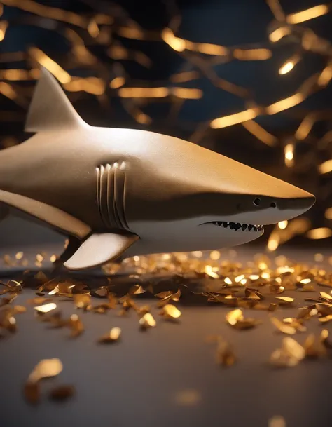 A shark, paper origomi, cinematic light, golden particles, shallow depth of field, dark theme