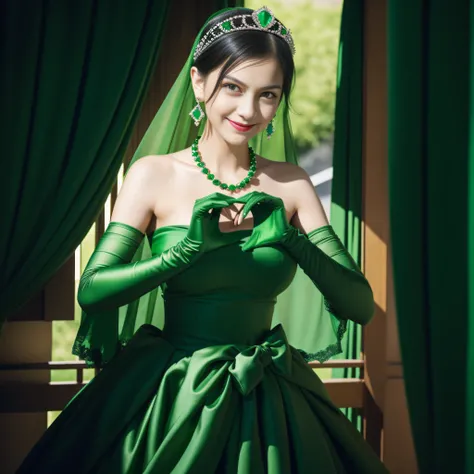 emerald tiara, Green Pearl Necklace, Boyish very short black hair, lipsticks, Japan woman smiling, very short short hair,  big breasts beautiful, Green eyes, Long green gloves made of satin material, Green eyes, Emerald Earrings, green vale, Heart with bot...