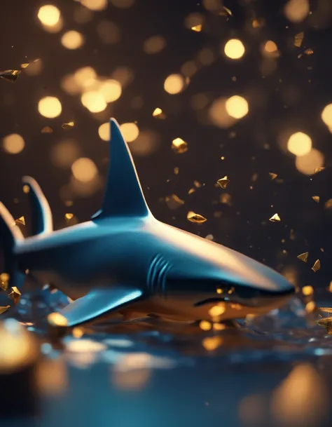 A shark, metal origomi, cinematic light, golden particles, shallow depth of field, dark theme