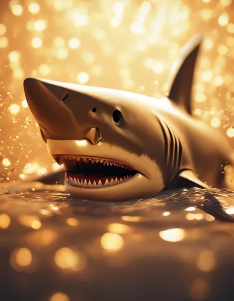 A shark, metal origomi, cinematic light, golden particles, shallow depth of field, dark theme