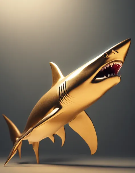 A shark, metal origomi, cinematic light, golden particles, shallow depth of field, dark theme