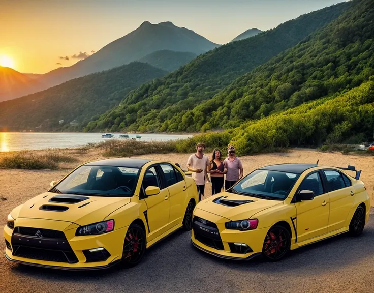 Generate images Mitsubishi lancer evolution 10, Mitsubishi lancer evolution 9, Mitsubishi lancer evolution 8, Mitsubishi lancer evolution 6, Mitsubishi lancer evolution 5, and Mitsubishi lancer evolution 3, parked in a parking lot with a background scene o...