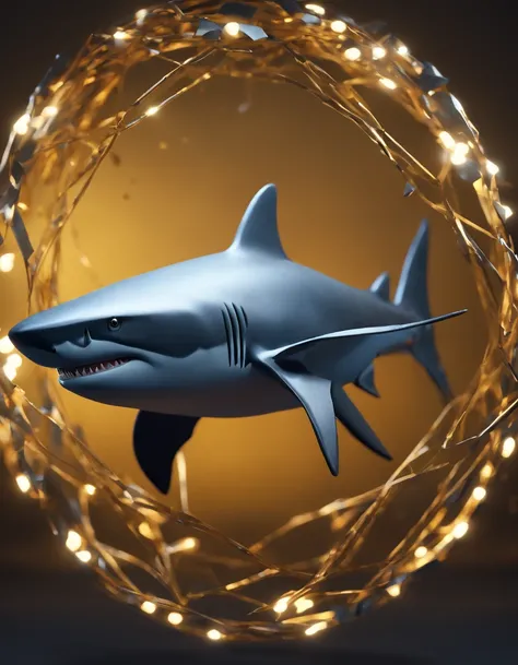 A shark, metal origomi, cinematic light, golden particles, shallow depth of field, dark theme