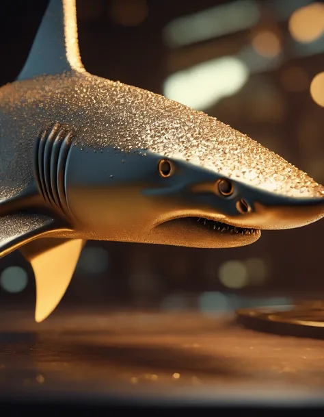 A shark, metal origomi, cinematic light, golden particles, shallow depth of field, dark theme