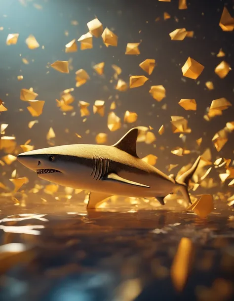 A shark, paper origomi, cinematic light, golden particles, shallow depth of field, dark theme