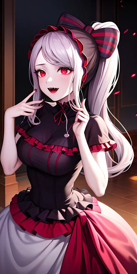 masterpiece, best quality, ShalltearV4, 1girl, solo, dress, frills, bow, hair bow, fangs, pale skin, glowing, glowing eyes, portrait, vampire