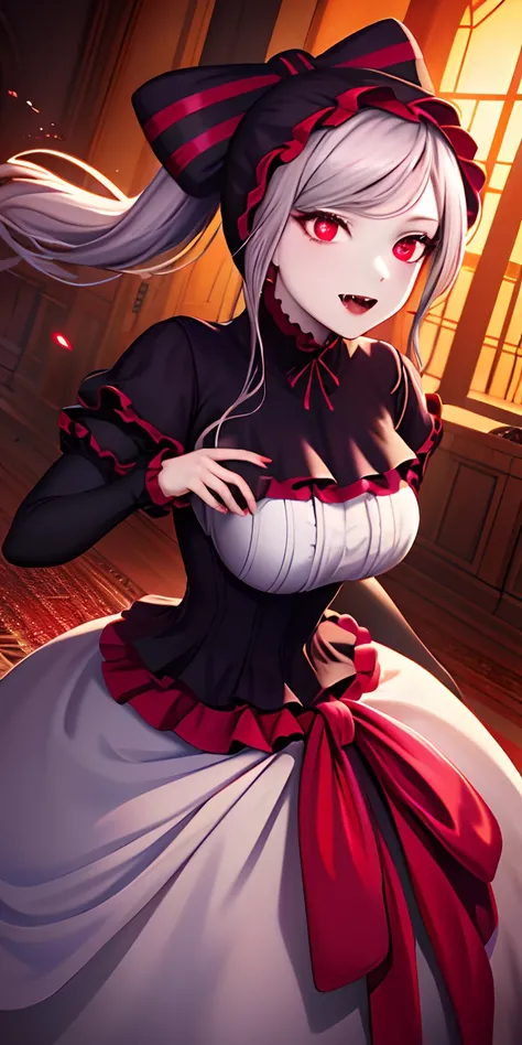 masterpiece, best quality, ShalltearV4, 1girl, solo, dress, frills, bow, hair bow, fangs, pale skin, glowing, glowing eyes, portrait, vampire