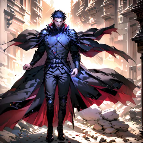 viktorlukas,wearing purple cape cloak jacket,black suit armor,black pants,boots,(solo_focus:1.3),best quality, ultra-detailed, h...