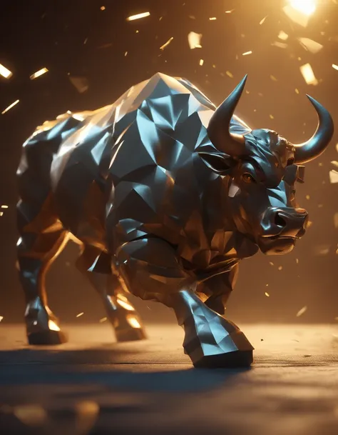 A big muscular angry bull, paper origomi, cinematic light, golden particles, shallow depth of field, dark theme, steam