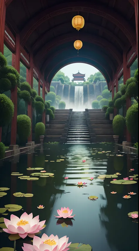 Composition, Illustration, Wide-shot, Lotus flowers floating, passing through Ancient chinese water dam, camera centered on the lotus flowers, ancient chinese scenery, nature, beautiful, super intricate, elegant, hyper detailed, Best quality, 8k uhd, no fl...