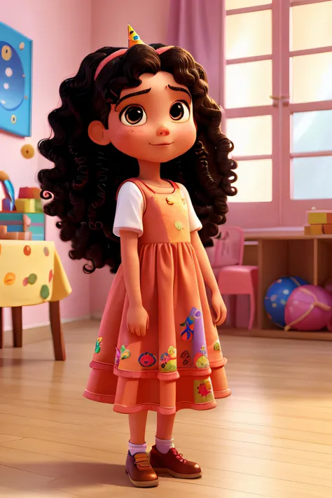 Estilo 3D Pixar, Menina de 9 anos, Playing with other children of the same age. with long curly hair wearing birthday party dress, Feliz, olhos pretos, pele morena,