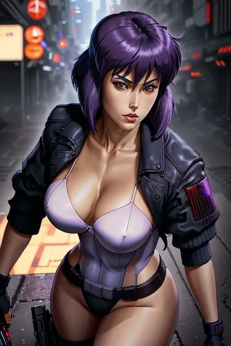 portrait of kusanagi_motoko, highly detailed, detailed eyes,  detailed face, GITS, cyberpunk setting, walking, (full body:0.8)