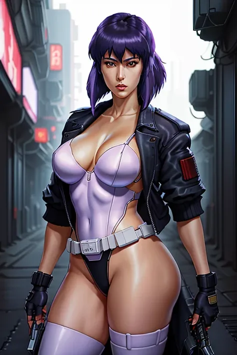 portrait of kusanagi_motoko, highly detailed, detailed eyes,  detailed face, GITS, cyberpunk setting, walking, (full body:0.8)