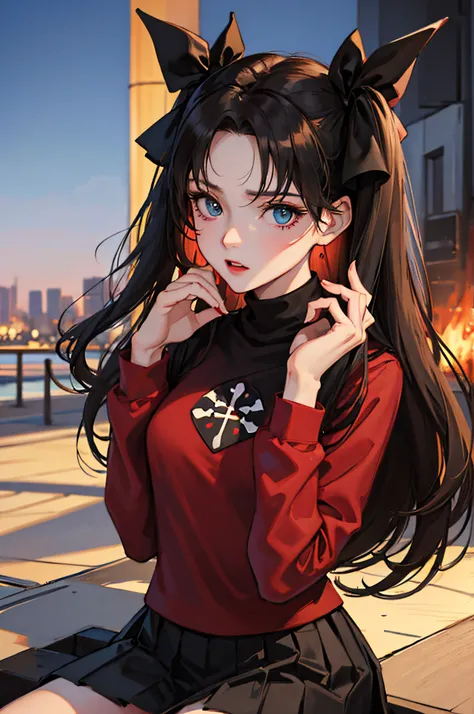 (masterpiece), best quality, expressive eyes, perfect face, 1girl, solo, rintohsaka, rin tohsaka, aqua eyes, black hair, hair ribbon, long hair, ribbon, sidelocks, two side up, black skirt, black thighhighs, long sleeves, miniskirt, pleated skirt, ((red sw...