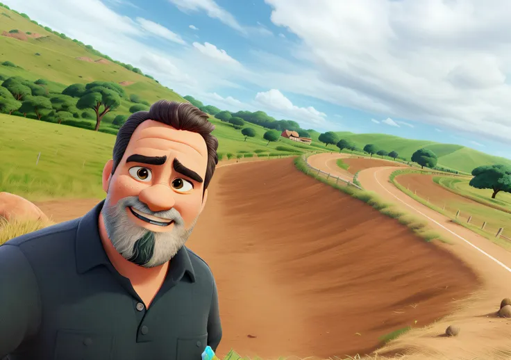 Crie um cartaz estilo Disney Pixar. Homem de 48 anos, gordo, Black Polo Shirt, barba baixa grisalha, 1,68 de altura, cabelos pretos cortados baixo, olhos pretos, sorriso mostrando os dentes. Behind him, uma cratera profunda aberta numa estrada de asfalto c...