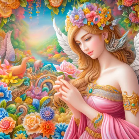 a painting of a woman in a pink dress holding a flower, beautiful digital art, very beautiful digital art, colorfull digital fantasy art, beautiful detailed fantasy, fantasy beautiful, beautiful gorgeous digital art, beautiful fantasy art, beautiful angel,...