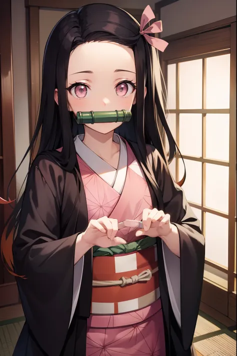 nezukokamado, nezuko kamado, bamboo, (bit gag:1.5), black hair, (forehead:1.5), gag, gagged, hair ribbon, long hair, multicolored hair, (pink eyes:1.5), orange hair, slit pupils, wavy hair, two-tone hair,
BREAK asa no ha (pattern), checkered sash, haori, j...