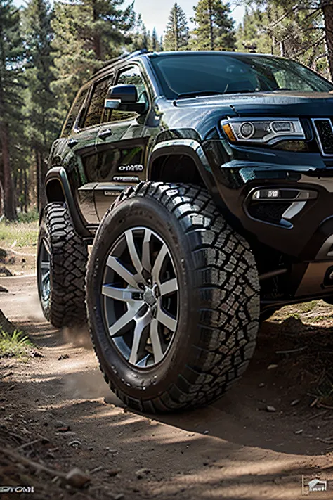 create a image of a jeep grand Cherokee wk2 with tires like big foot