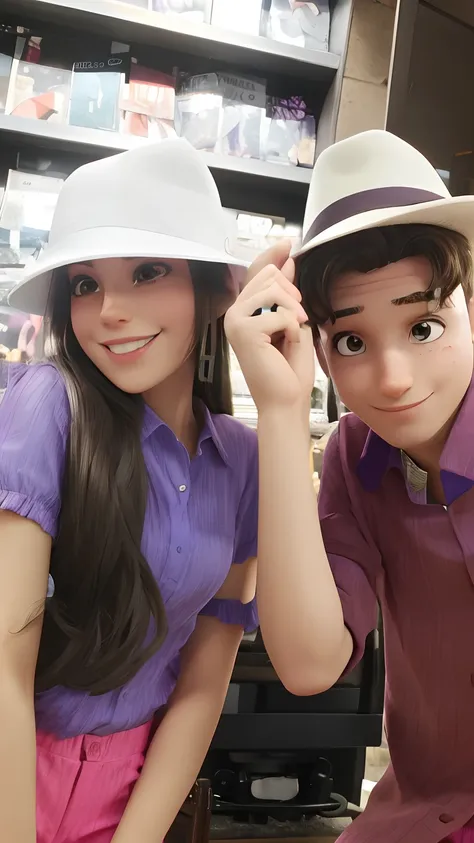 Casal jovem posando par auma foto divertida, The woman wears purple blouse and pink pants. O homem usa camisa social vermelha escura. They both wear white hats.