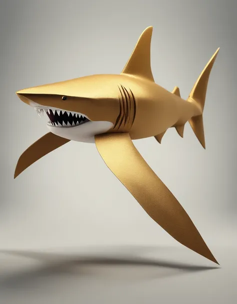 A hammer head shark made of paper origomi, cinematic light, golden particles, shallow depth of field, dark theme