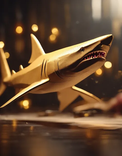 A hammer head shark made of paper origomi, cinematic light, golden particles, shallow depth of field, dark theme